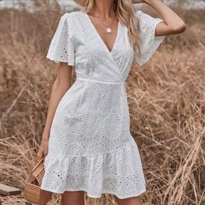 White eyelet lace wrap dress